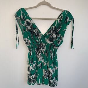 Anna Morgan Women’s S Green Floral  – V‑Neck, Shoulder Ties, Elastic Waist,